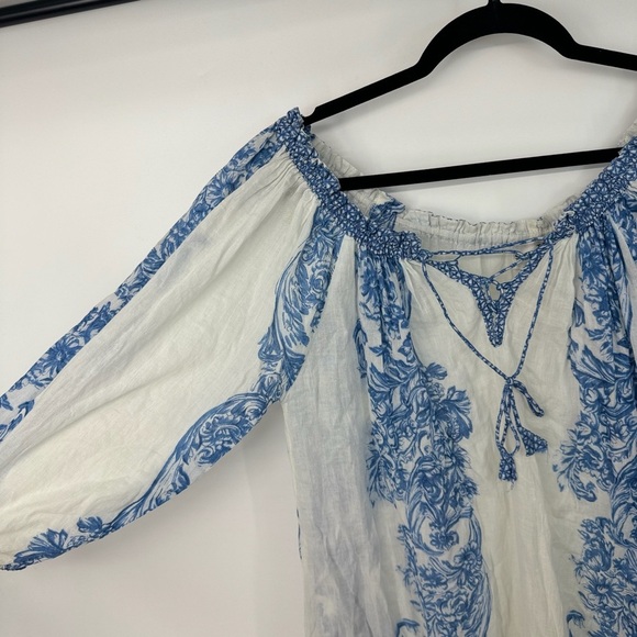 Shana K Floral Cotton Vintage Y2K Porcelain Print V Neck Tie Babydoll Midi Dress - Picture 2 of 6